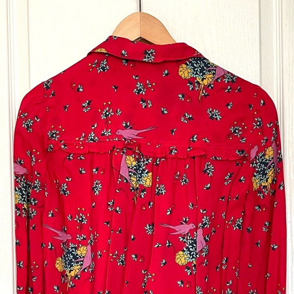 Anthropologie Maeve Fredericka Bird Floral Top Red Sz 0 Cottagecore Grandmacore - Picture 7 of 13